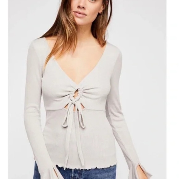 Free People Light Gray Tie-Front Blouse - Picture 1 of 6